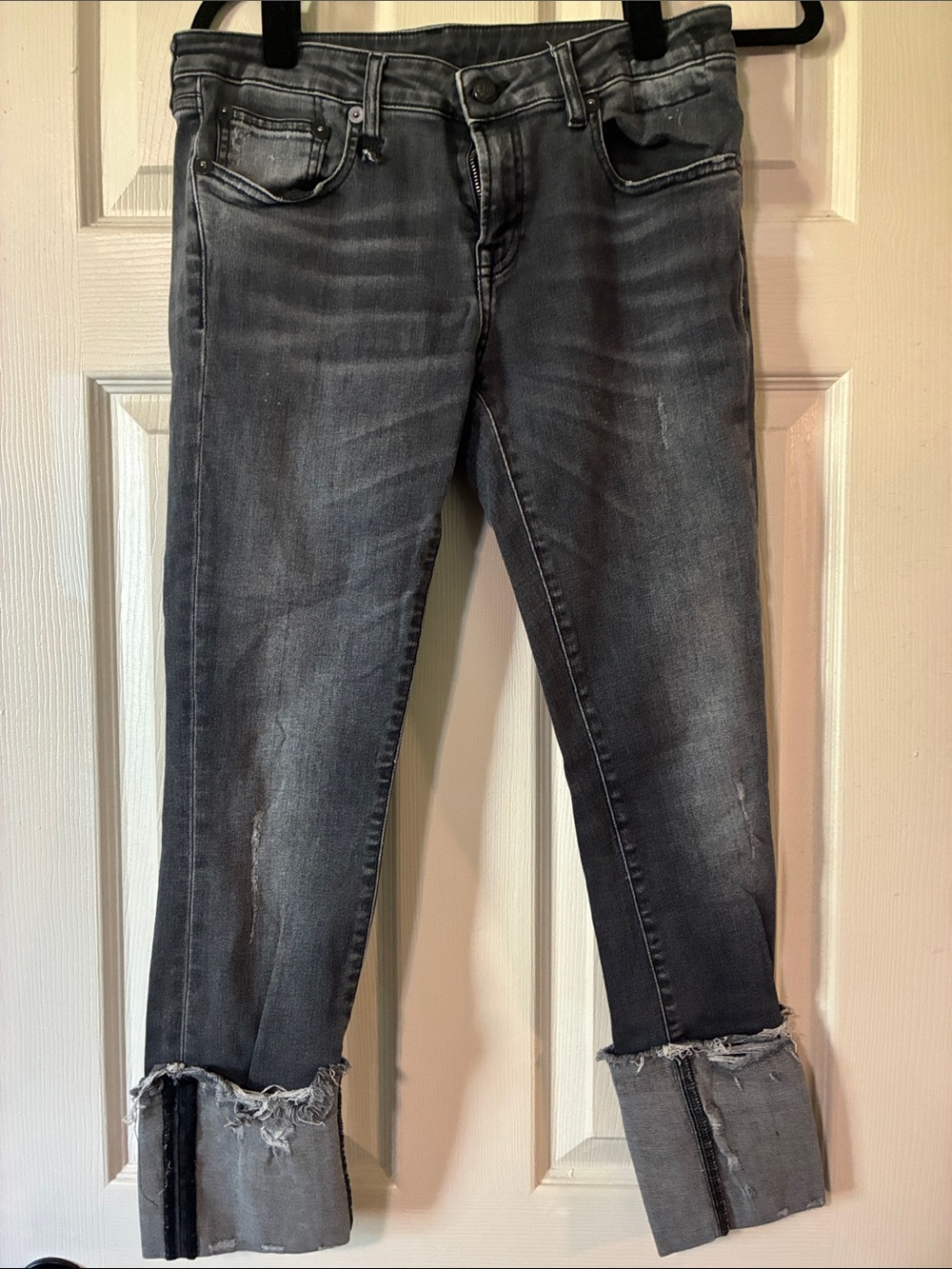 R13 Women's Gray Distressed Skinny Jeans with Frayed Cuffs